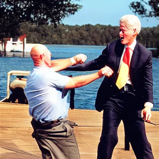 Prompt: bald bill clinton punching a trout