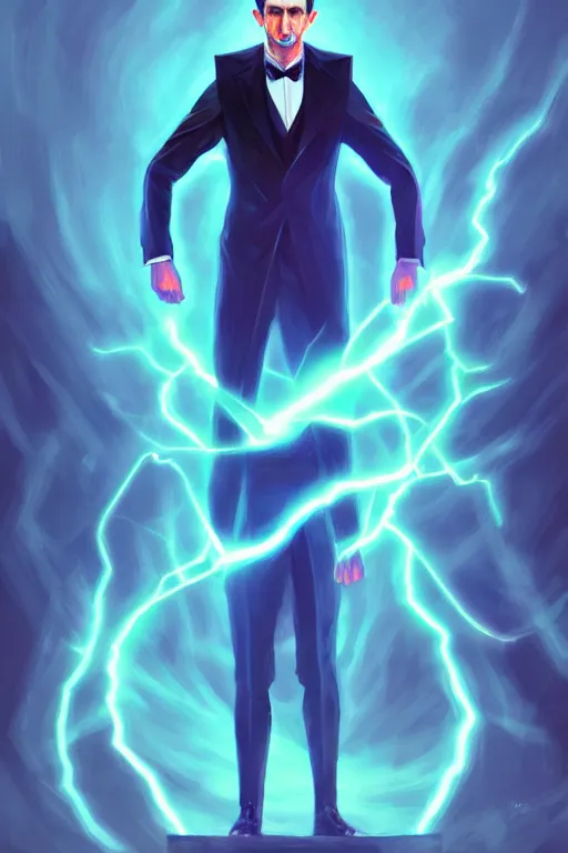 Prompt: nikola tesla, lightning, portrait, sharp focus, digital art, concept art, dynamic lighting, epic composition, colorful, trending on artstation, by emylie boivin 2. 0, rossdraws 2. 0