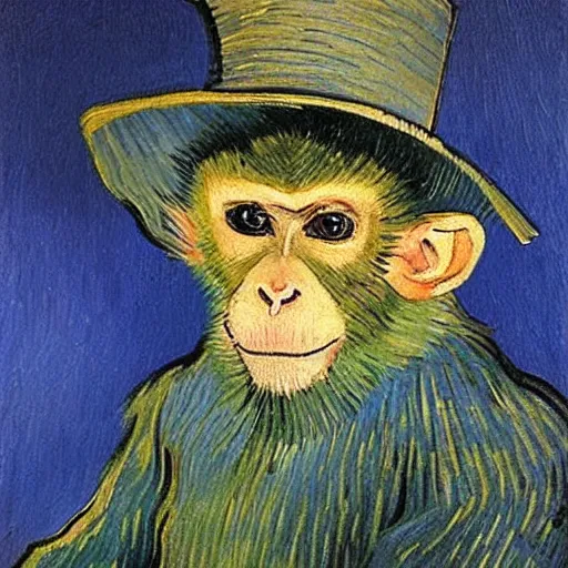 Image similar to a beautiful oil painting of a monkey in a blue top hat , 8k , award winning , made in 1800's , old , painted by vincent van gogh