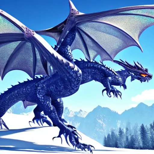 Image similar to High quality, beautiful and majestic western dragon in the mountains surrounded by snow and trees with wings spread out to the side while roaring, ultra high quality, 3d rendering, award-winning