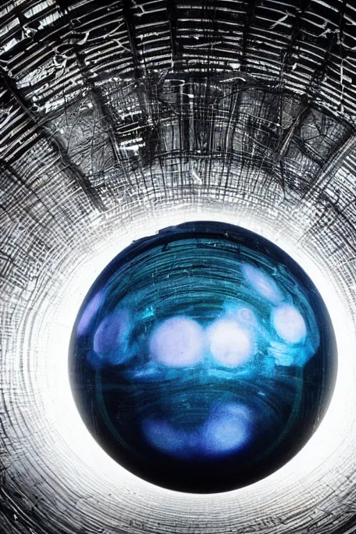 Prompt: public art installation about liquid planet in space. projected on single big suspended sphere inside giant and dark printworks london venue. generative visuals. interactive art. piano live music concert stage design