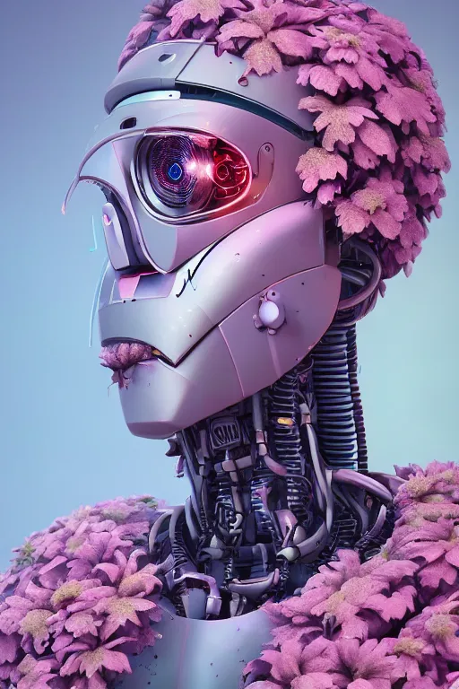 Prompt: a portrait of a robot with flowers, cyberpunk art by Mike Winkelmann, cgsociety, panfuturism, afrofuturism, made of flowers, dystopian art, vaporwave