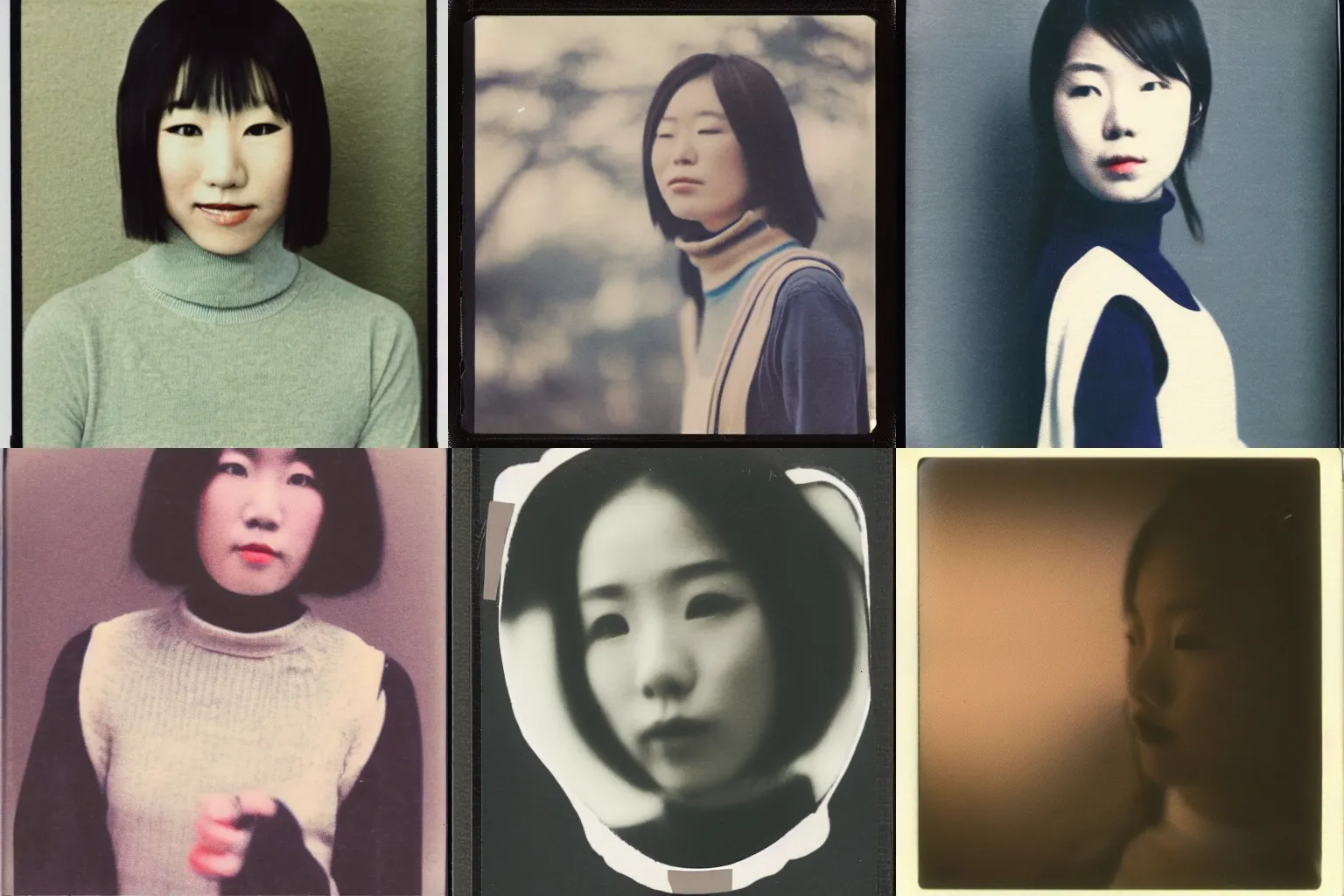 Prompt: Polaroid of a female japanese folk singer wearing a turtleneck, very hazy, faded, 1976
