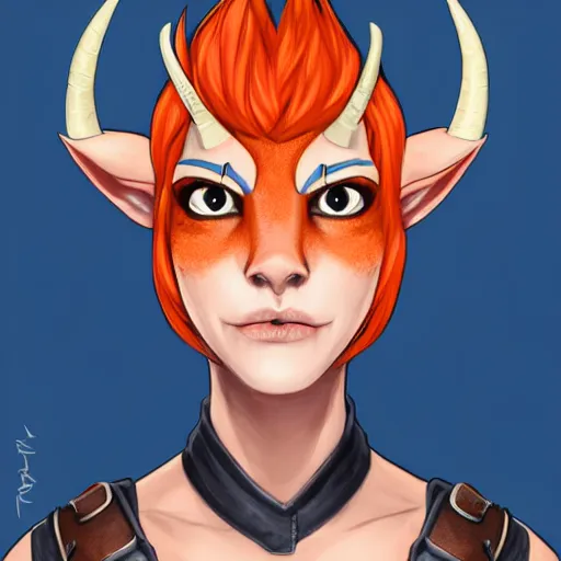 Prompt: illustrated realistic portrait female ORANGE SKIN prong-horned kobold with blue bob hair and solid dark eyes wearing strap leather armor by rossdraws