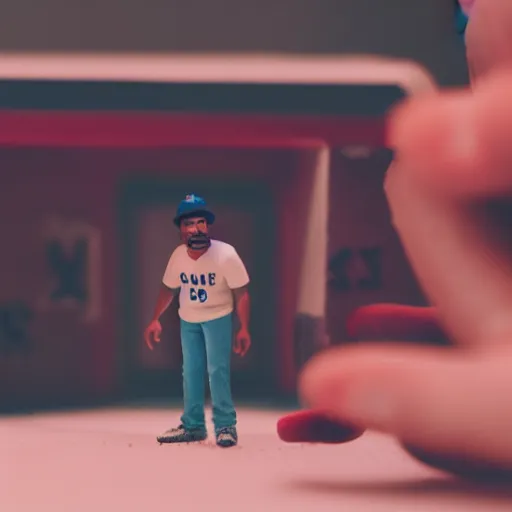 Image similar to a cinematic film still of a claymation stop motion film starring chance the rapper as a college student, shallow depth of field, 8 0 mm, f 1. 8