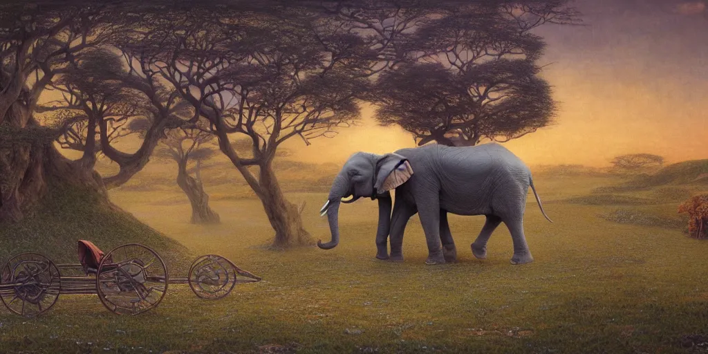 Prompt: a beautiful detailed elephant on a velocipede in a serene landscape, Jean Delville, Edmund Dulac,Jean Giraud, landscape photography composition,vivid colors,octane render,redshift render