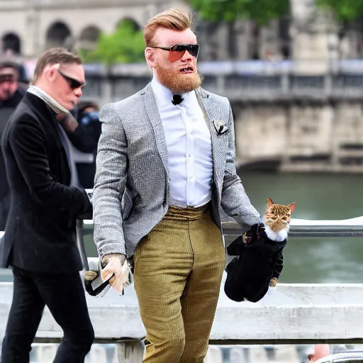 Image similar to mcgregor is dressed as a gentleman at early 2 0 th century paris. he is having a coffee at the banks of river seine. ewan mcgregor has a coffee cup on his hand. next to him is a small brown cat with yellow glowing eyes