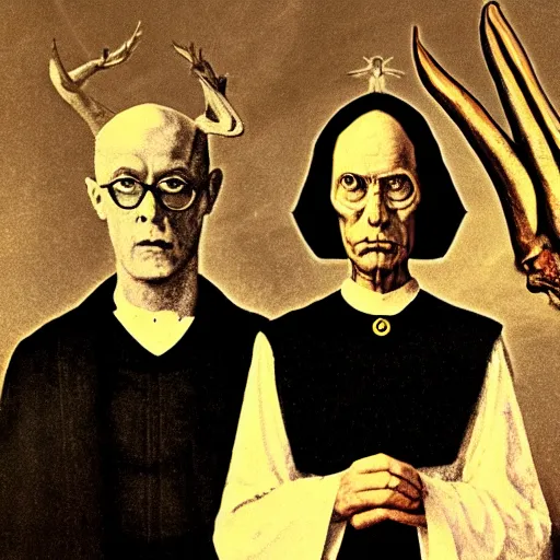 Prompt: aleister crowley and baphomet in the style of american gothic