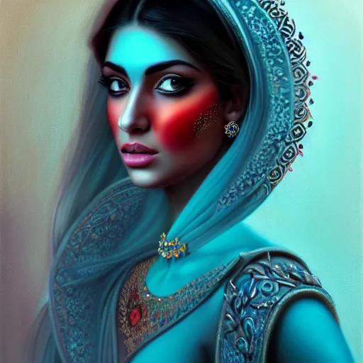 Image similar to Beautiful portrait of a Persian Princess who is an architect, beautiful princess, face painting, architecture, persian style architecture, beautiful body, attractive, babe, dramatic lighting, intricate, wild, highly detailed, digital painting, artstation, concept art, smooth, sharp focus, illustration, black+velvet+red+Turquoise, dark, art by artgerm and greg rutkowski and alphonse mucha, footage from space camera