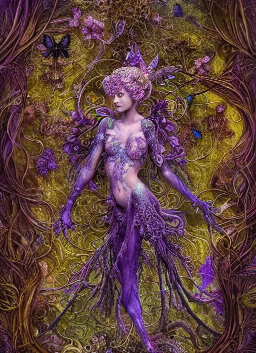 Prompt: a pixie in a 3 d bioluminescent radically alive world of fungal fractals and butterflies, intricate mycelial lace, fractalpunk, rococo, ultra detailed, intricate details, ornate, hyperrealistic, octane render, inspired by ross tran & brian froud & james jean & android jones & william morris & ernst haeckel & alphonse mucha