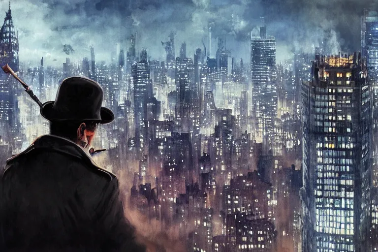 Image similar to detective wearing a trench coat in profile smoking a sherlock holmes pipe on a perch facing the city at night, smooth, focus, highly detailed, hyper realistic, dramatic lighting, intricate, concept art, new york skyline, looking down, art by wlop, greg rutowski, artstation