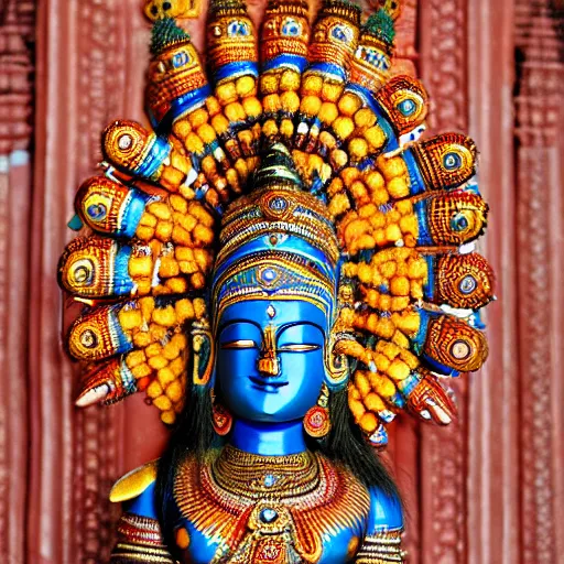 Image similar to a woman wearing an armor and headdress. the armor and headdress is made out of the colors, textures and sculptures of the meenakshi temple in madurai. intricate. detailed.