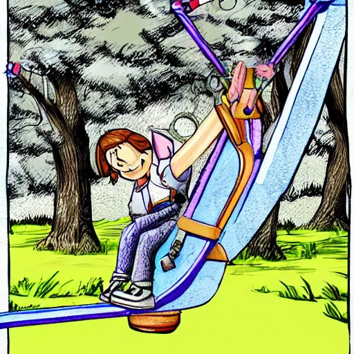 Prompt: donkey riding a playground swing, cell shading art style