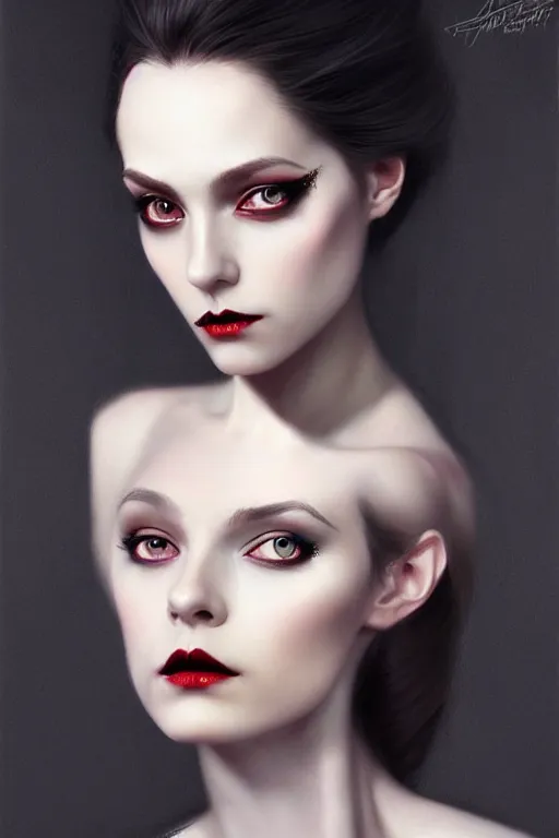 Image similar to a photorealistically painted portrait of lady vampire, dressed in a suit, perfectly symmetric face!!!, beautiful eyes!!, digital painting, concept art, minimal artifacts, volumetric lighting, Artgerm and William-Adolphe Bouguerea, in the style of Tom Bagshaw, trending on Artstation, award winning art