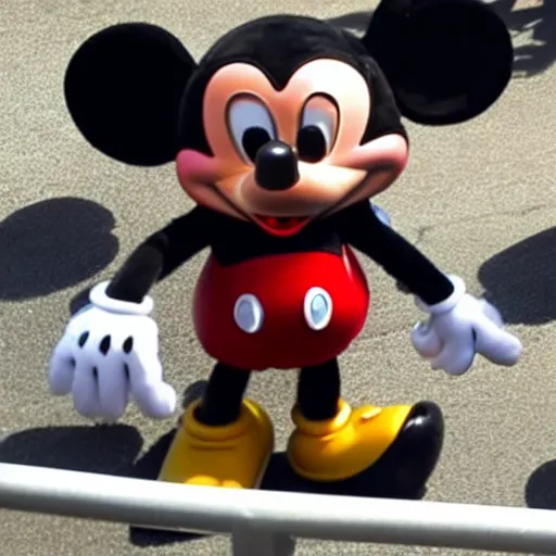 Image similar to cell phone photo of mickey mouse being escorted out of disneyland by security in handcuffs, very realistic