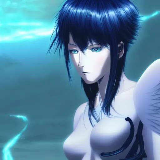 Prompt: 2D movie still, a beautiful cinematic female cyborg angel , fantasy magic, short aqua blue black fade hair, dark light night, highly detailed, advanced digital anime art, concept art, masterpiece by Junji Ito and Sakimimichan