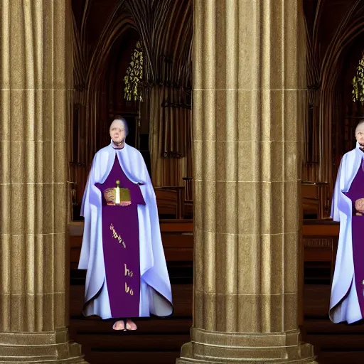 Prompt: two identical female priests standing across from each other in a beautiful church, clean digital art, upscaled