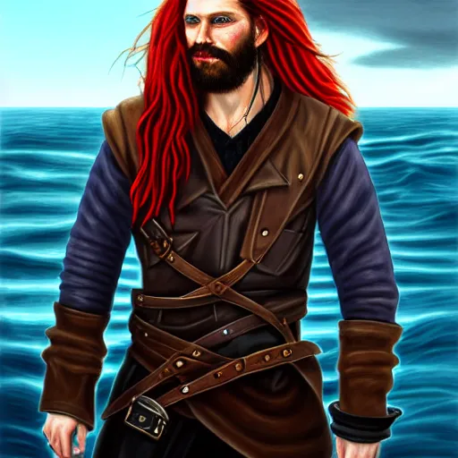 Image similar to portrait of a rugged!!!! male captain with long red hair!!!!!!, upper body, flowing hair, ethereal, handsome, smirk, leather coat, pirate!!!!!!!, ocean, D&D, fantasy, simple clothing!!!!, elegant, highly detailed, digital painting, cinematic lighting, stunning lighting, sensual, deviantart, artstation, concept art, sharp focus, illustration, art by Artgerm and Greg Rutkowski and Alphonse Mucha