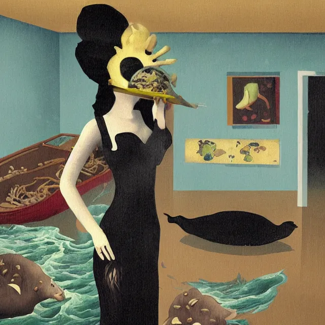 Image similar to tall female emo artist wearing a pig mask in her flooded apartment, mushrooms, octopus, water gushing from ceiling, painting of flood waters inside an artist's apartment, a river flooding indoors, pomegranates, ikebana, zen, rapids, waterfall, black swans, canoe, berries, acrylic on canvas, surrealist, by magritte and monet