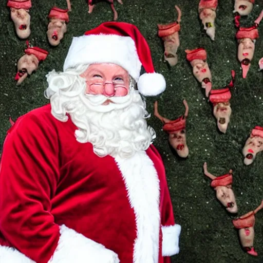 Prompt: UHD candid photo of Santa in front of a mass grave full of dead elves, with accurate face, UHD, photorealistic, correct face, photo by Annie Leibovitz