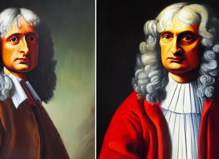 Prompt: a classical portrait of sir isaac newton and the rapper tupac shakur, oil on canvas