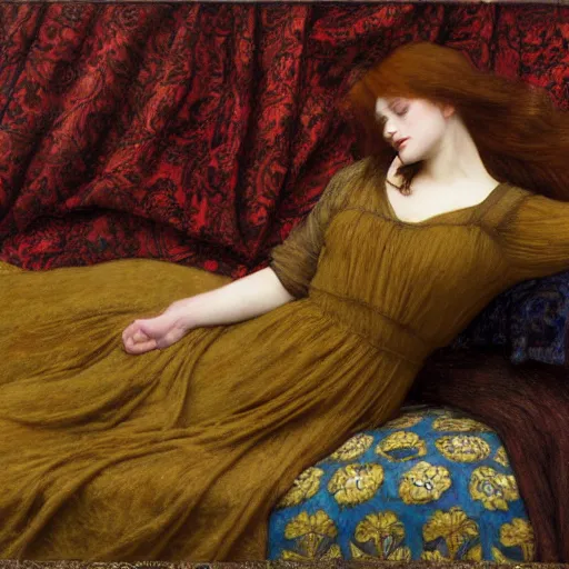 Image similar to preraphaelite photography reclining on bed, a hybrid of judy garland and amy macdonald, aged 2 5, big brown fringe, yellow ochre ornate medieval dress, john william waterhouse, kilian eng, rosetti, john everett millais, william holman hunt, william morris, 4 k