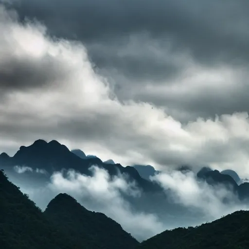 Image similar to Cloudy peaks in southern China, the style of National Geographic magazine