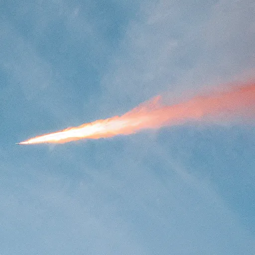 Prompt: rocket breaking through the sky with triangular shaped smoke trail leading behind it