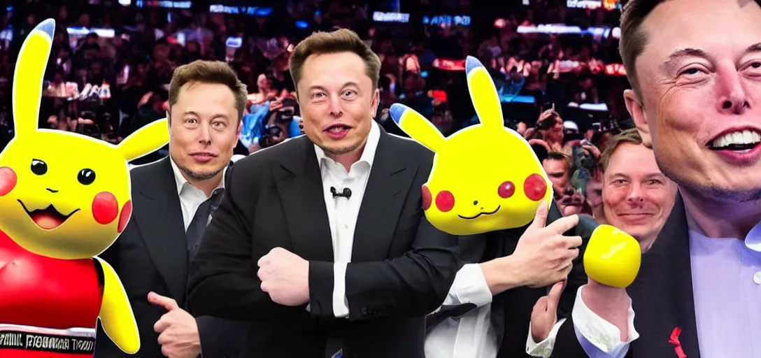 Prompt: elon musk in a boxing arena against donald trump with a crowd of pikachus