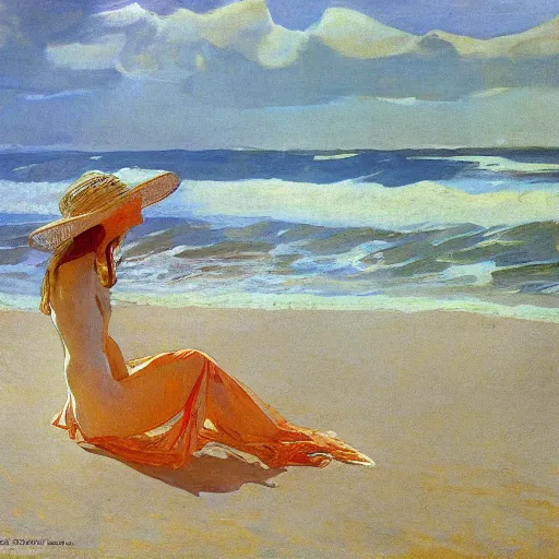 Prompt: she sells seashells by the sea, by moebius and joaquin sorolla