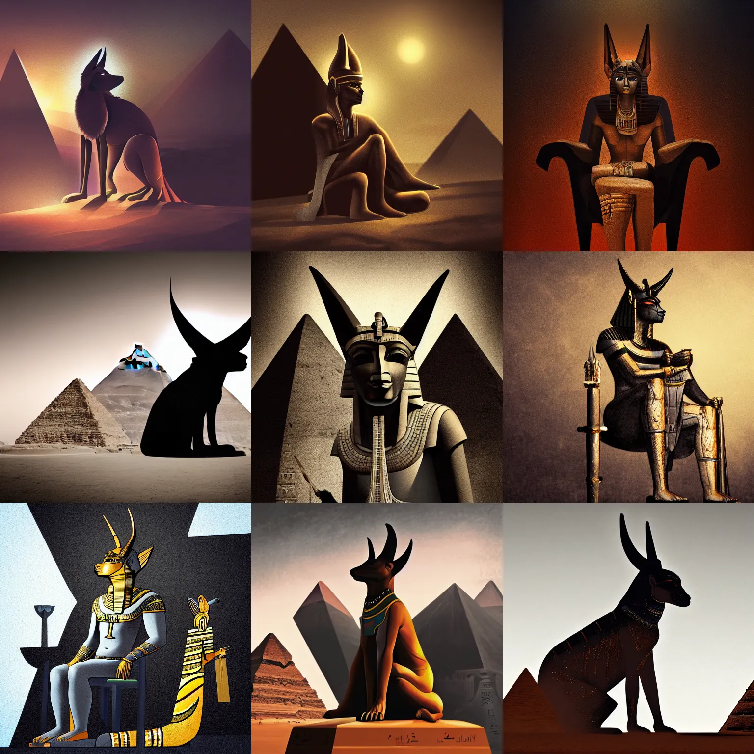 Prompt: egyptian god anubis sitting on a throne, black pyramid in the background, digital painting, moody lighting, bokeh