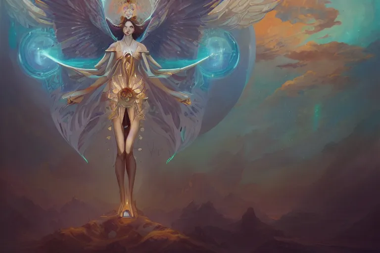 Prompt: a beautiful android angel in the center, symmetry composition, by pete mohrbacher and artgerm and wlop, digital art, highly detailed, intricate, fantasy, mystical, Trending on Artstation HQ, deviantart, unreal engine, 4K UHD image
