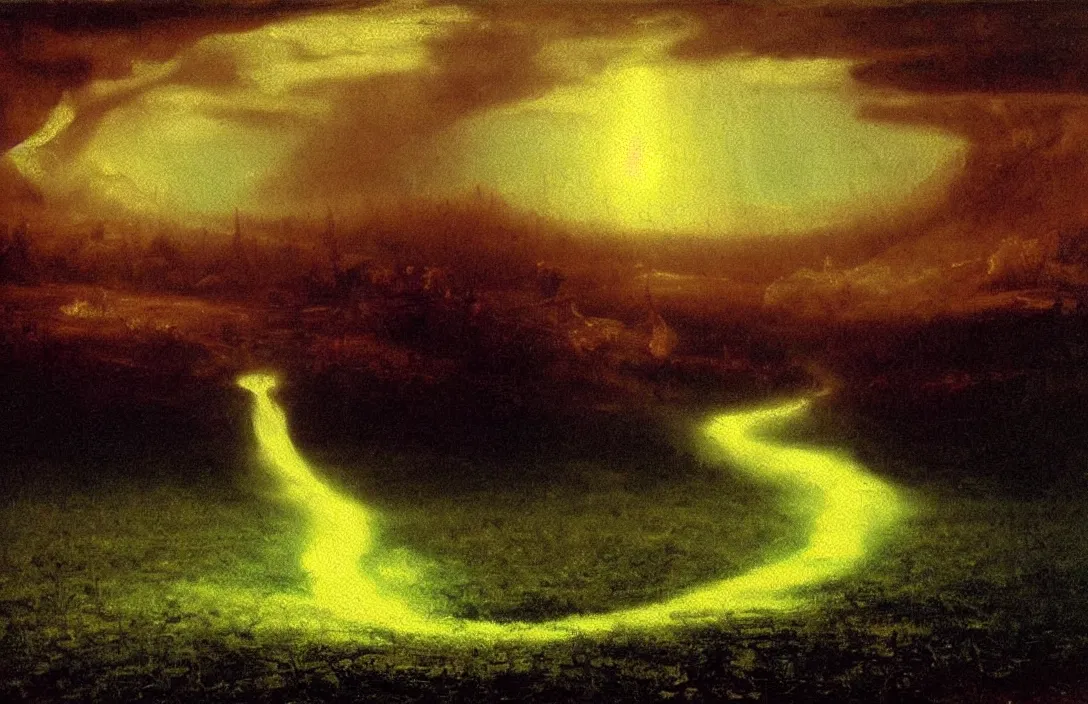 Image similar to the curve of a line can convey energy queen of heaven painting by albert bierstadt intact flawless ambrotype from 4 k criterion collection remastered cinematography gory horror film, ominous lighting, evil theme wow photo realistic postprocessing rising up out of marshes divisionism painting by caspar david frederich