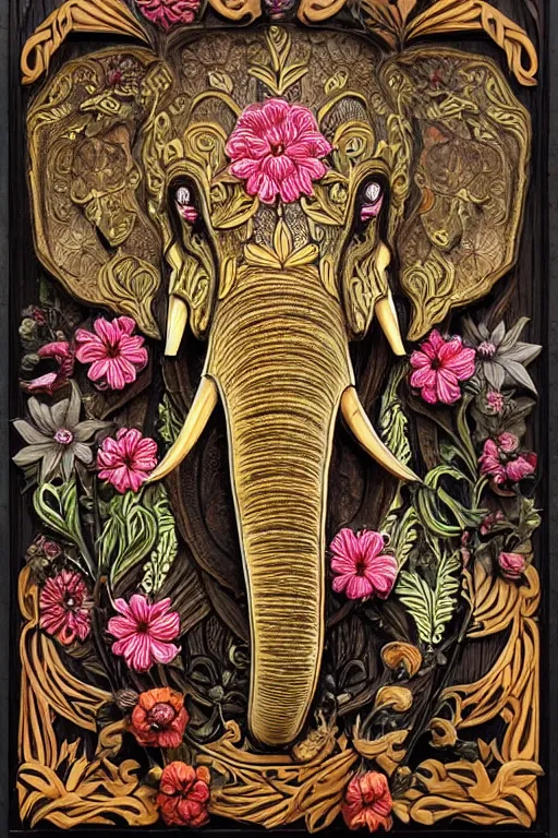 Image similar to Painted dark-wood panel relief carving of a close up of a Flowerpunk Matriarch Elephant, ornate border frame, explosion of colorful flowers, dark wood, intricately carved, black ink, festival of rich colors, intricate details, cinematic lighting, volumetric lighting, post-processing, art nouveau, by andreas rocha and john howe, and Martin Johnson Heade, featured on artstation, featured on behance, golden ratio, hyper detailed, photorealistic, epic composition, center spotlight, f32, well composed, UE5, 8k