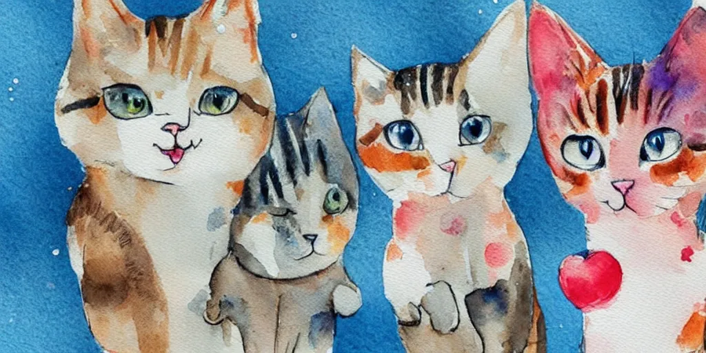 Image similar to watercolor illustration style, cute! cats!!! choose different costumes, business, inspiring art