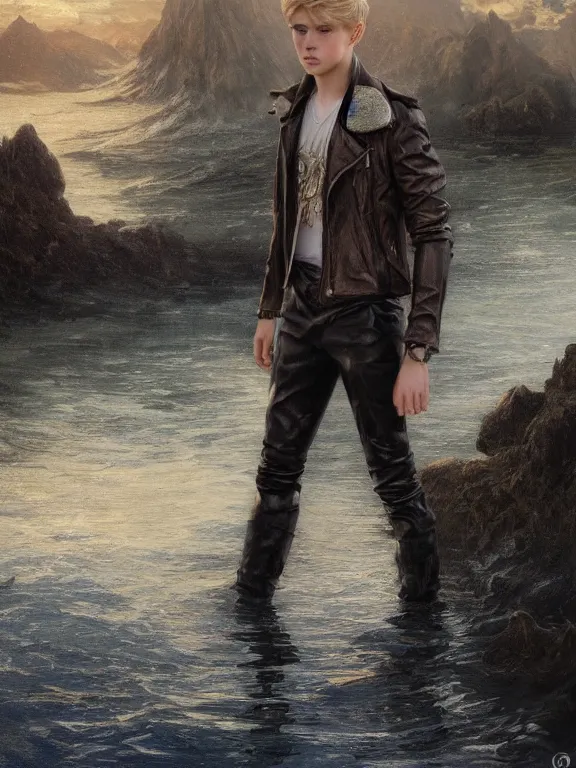 Prompt: a beautiful and detailed matte painting of a young blonde male teenage boy wearing a leather jacket walking on water, fantasy, d & d, dark eyeliner, intricate, elegant, highly detailed, digital painting, artstation, concept art, matte, sharp focus, illustration, art by greg rutkowski and alphonse mucha