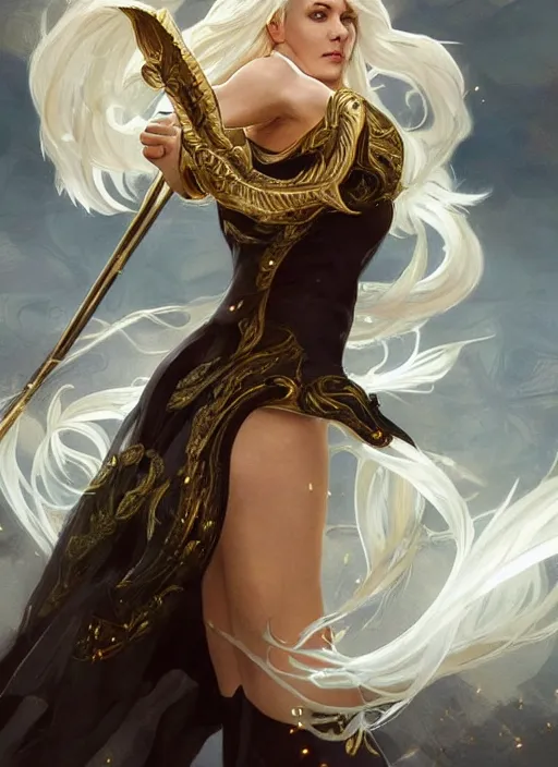 Prompt: fullbody!! dynamic action pose, beautiful woman with white hair, big natural horns on her head, gold jewellery, dnd, face, fantasy, intricate, elegant, highly detailed, digital painting, artstation, concept art, smooth, sharp focus, illustration, art by artgerm and greg rutkowski and alphonse mucha
