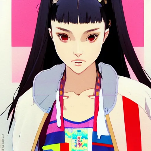 Image similar to a beautiful japanese natalie portman gravure model, wearing oversized native designer bomber jacket and leotard, bulky poofy bomber jacket with mesoamerican patterns, mesoamerican native street fashion, gapmoe yandere grimdark, trending on pixiv fanbox, painted by greg rutkowski makoto shinkai takashi takeuchi studio ghibli, akihiko yoshida