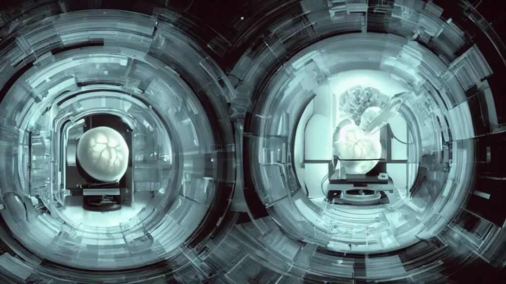 Image similar to an mri image open mri exposed uncovered machine portal in the living room, film still from the movie directed by denis villeneuve with art direction by salvador dali, wide lens