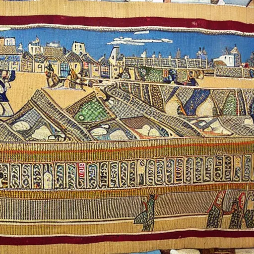 Prompt: bayeux tapestry picture of a medieval town,