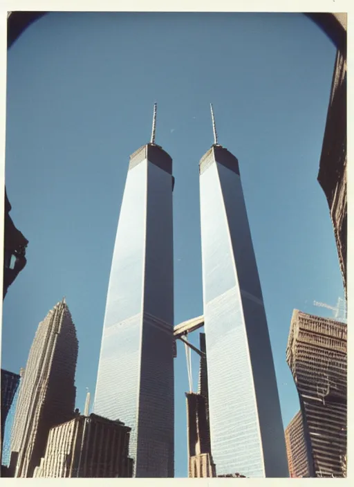 Image similar to 1 9 9 0 s polaroid of the twin towers wtc, as plane flies overhead