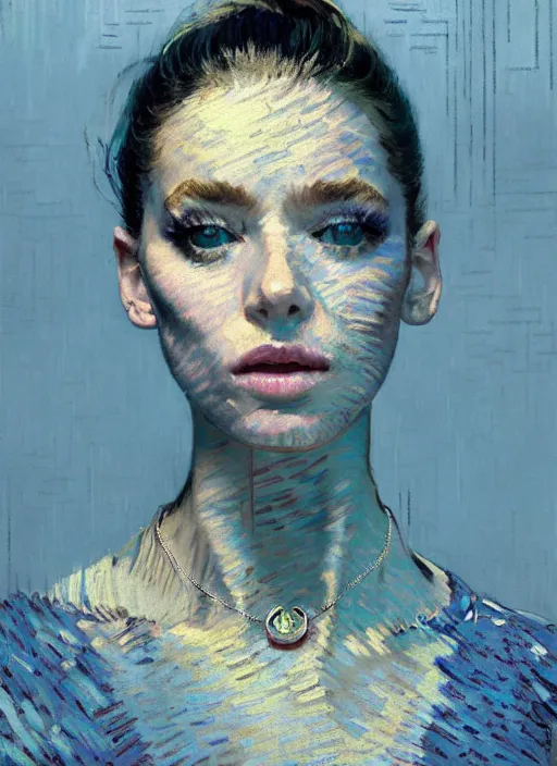 Image similar to portrait of beautiful girl, necklace, ecstatic, dancing, eyes closed, shades of pastel blue and light grey, new york backdrop, beautiful face, rule of thirds, intricate outfit, spotlight, by greg rutkowski, by jeremy mann, by francoise nielly, by van gogh, digital painting