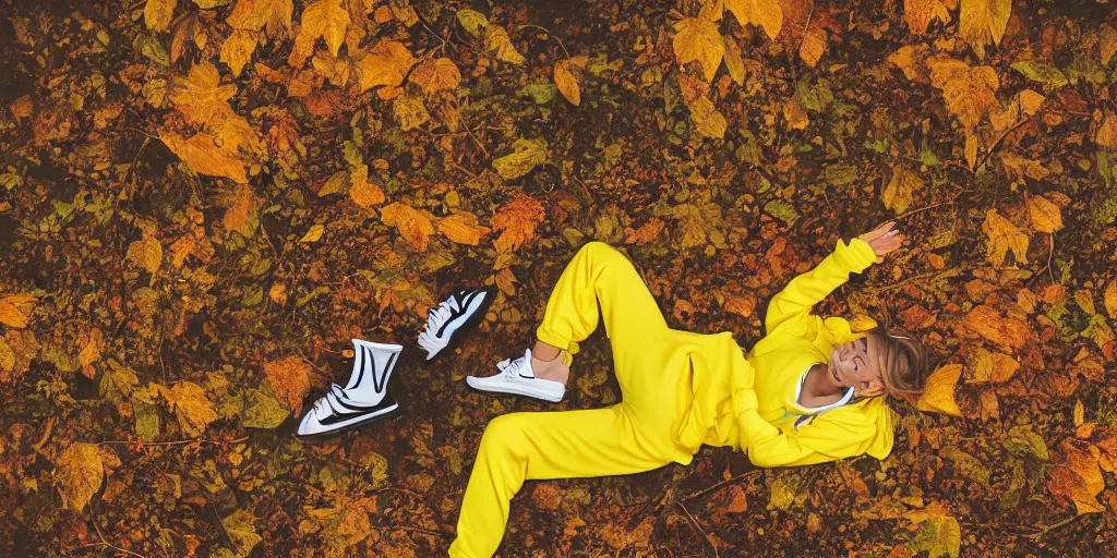 Prompt: female laying down wearing yellow velor sweat suit and dirty heavily worn white keds slip on tennis shoe with toes pointing up covered by dark colored leaves and twigs from the calf and up in eery forest with lots of dark colored leaves and foliage, sunlight streaming down, highly detailed, unreal engine