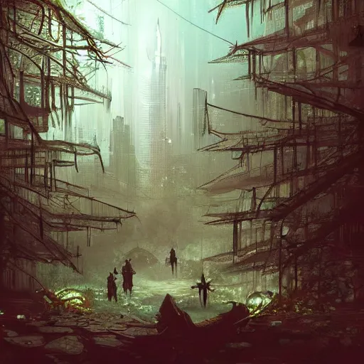 Prompt: a city high in a fairy tale forest in the style of cyberpunk in the style of dark fantasy art Trending on artstation DeviantArt Pinterest Photorealistic HD 8k highlights and shadow detailed High Resolution