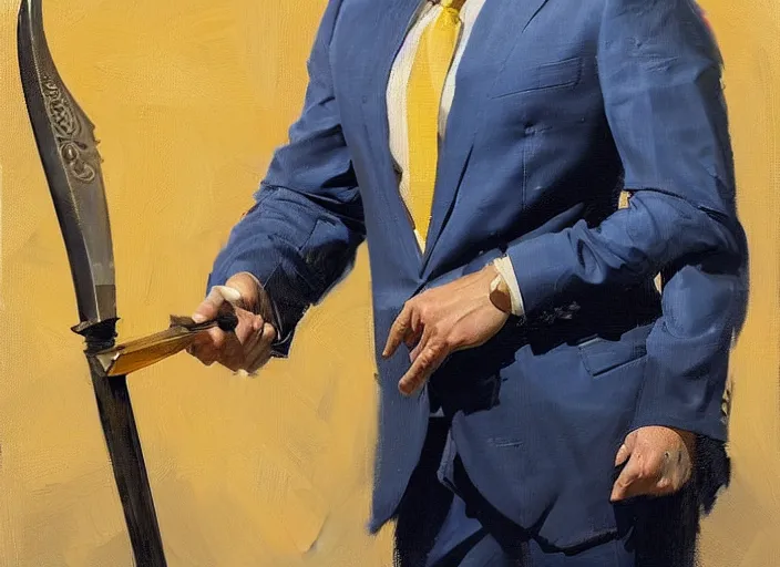 Image similar to greg manchess portrait painting of a blond man in a blue suit with a sword and a pistol, asymmetrical, profile picture, organic painting, sunny day, matte painting, bold shapes, hard edges, street art, trending on artstation, by huang guangjian, gil elvgren, ruan jia, randy vargas, greg rutkowski