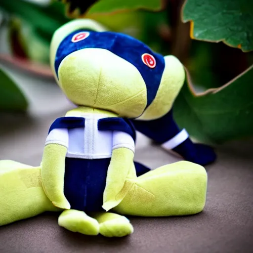 Prompt: frog wearing a sailor suit, plushie photography,