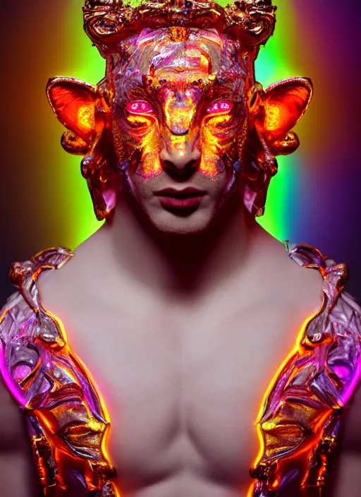 Image similar to photo of baroque and bladerunner delicate neon ruby sculpture of seductive albino king william levy tigers orange iridescent humanoid deity wearing metallic hoody made out of leaves holding the sun prismatic dungeon, glowing rainbow face, crown of white diamonds, cinematic lighting, photorealistic, octane render 8 k depth of field 3 d