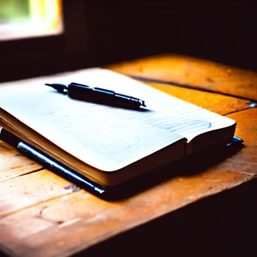 Image similar to highly detailed close up photo of an old worn notebook on wooden table, old table, feather pen, light coming out of near window, moody lighting, dust in air