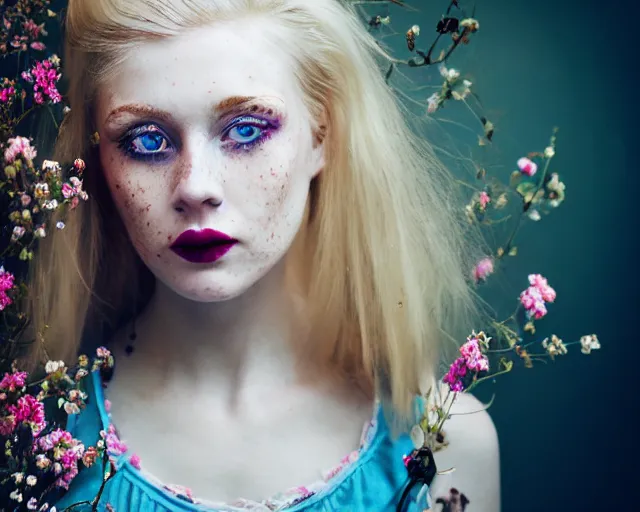 Prompt: pale young woman with bright blonde hair, freckles, blue eyes and a wide face, flowery dress, using a dslr camera, dramatic, surreal art by anna nikonova