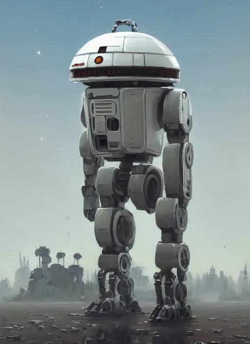 Image similar to an intricate oil painting of a giant pristine white droid mecha with rounded components and tarpaulin cloak by simon stalenhag, by ian mcque inspired by nier : automata, clean white lab background